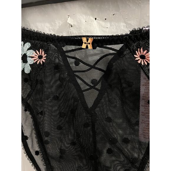 Savage X Fenti Black Mesh Floral Embroidered Polka Dot High Leg Bikini Panties M - Picture 3 of 11